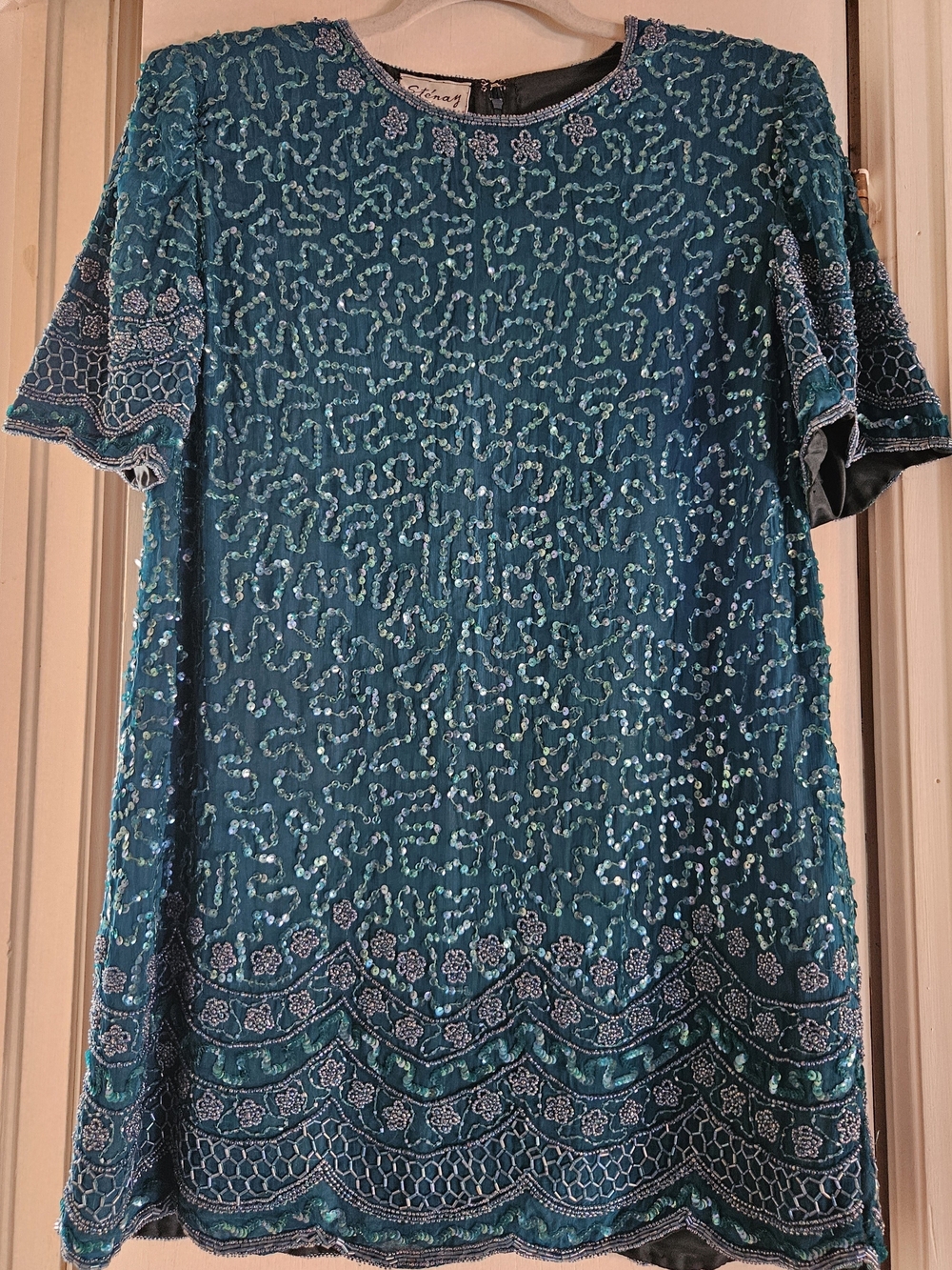 Vintage Stenay 100% Silk Beaded Sequin Mini Dress XL 80s 90s